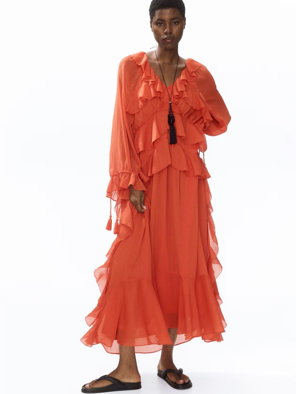 H&M Oversized Flounced Chiffon Dress (Dark orange) Large